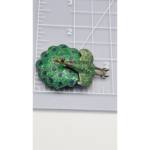 STERLING Siam SILVER &ENAMEL PEACOCK BROOCH Greengold Cloisonné Vintage Art Deco - Picture 2 of 5